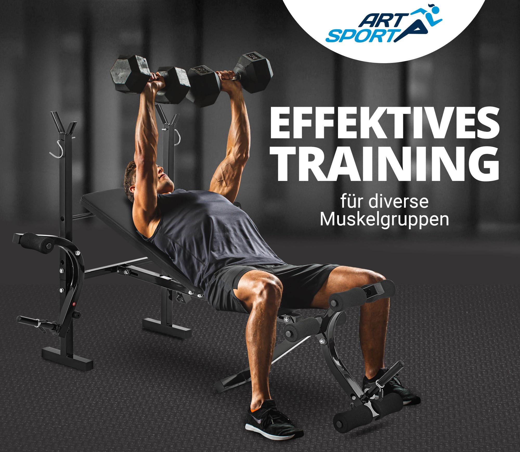 ArtSport Multifunktion Hantelbank ProfiGym1000 klappbar & 4-fach verstellbar - mit Langhantelablage, Beincurler & Butterfly - Trainingsbank Schrägbank Flachbank
